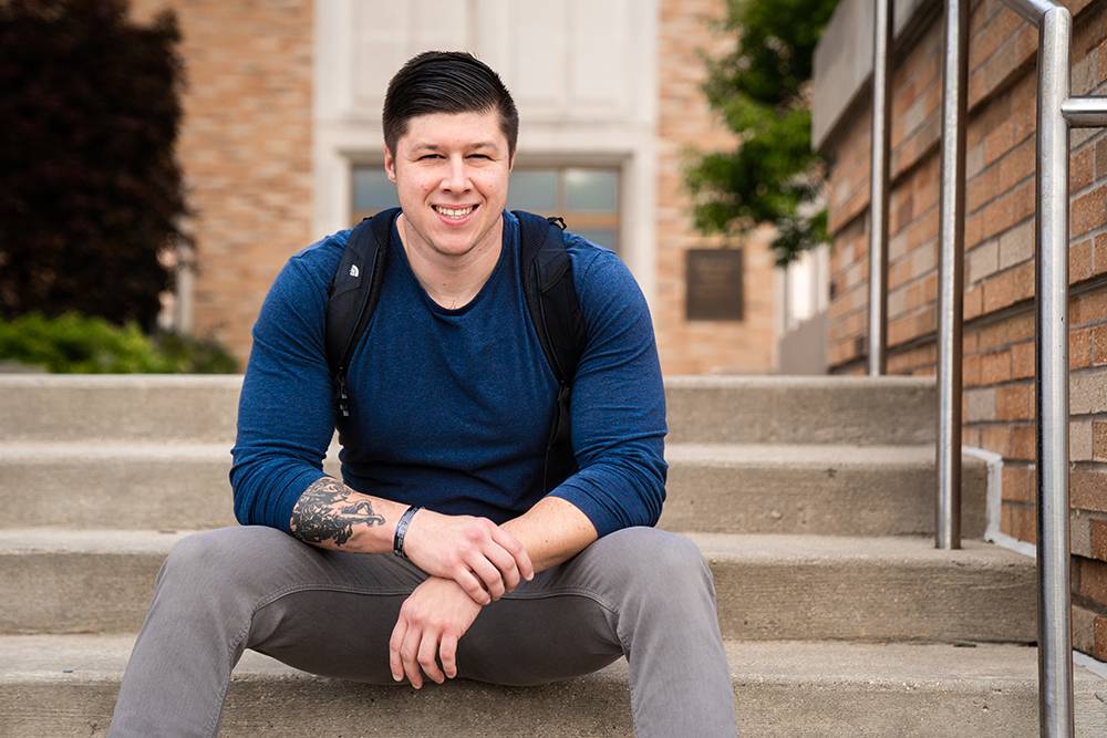 A student veteran on Grand Valley's Robert C. Pew Grand Rapids campus.